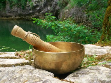 Arka planda nehir varken doğaya yerleştirilmiş şarkı kasesi.