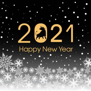 2021 Mutlu Yıllar Kart Şablonu. Dizayn patern kar taneleri beyaz, öküz.