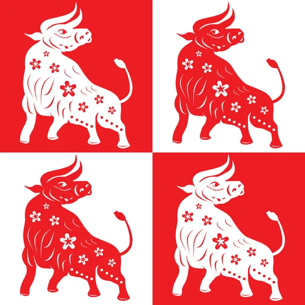 Ochse, chinesisches Tierkreiszeichen des neuen Jahres 2021. Set besteht aus Stieren in verschiedenen Stilrichtungen. Weiße und rote Silhouette. — Stockvektor