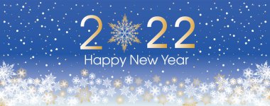 2022 Mutlu Yıllar Kart Şablonu. Dizayn patern kar taneleri beyaz ve klasik mavi renk.