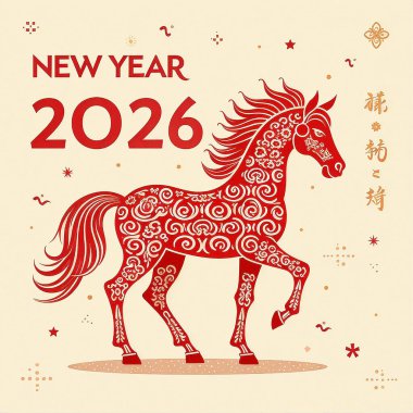 Çin Yeni Yılı 2026 kırmızı ahşap ve at yılı metni. Kırmızı at çizimi ve doğal arka plan tasarımı.