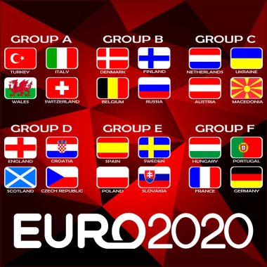 2020 Avrupa Futbol Şampiyonası 'nın grup aşaması. Euro 2020 'nin ulusal bayrakları. Vektör resmi.