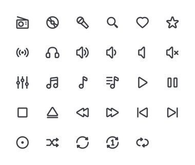 Müzik anahat vektör simgeler. 29 simgeler, 4 piksel kontur ve 48 x 48 çözünürlük