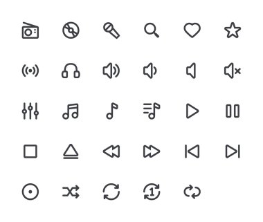 Müzik anahat vektör simgeler. 29 simgeler, 4 piksel kontur ve 48 x 48 çözünürlük