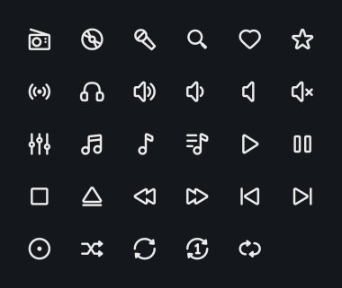 Müzik anahat vektör simgeler. 29 simgeler, 4 piksel kontur ve 48 x 48 çözünürlük