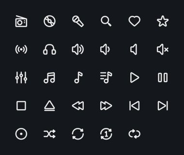 Music outline vector icons. 29 Icons, 4 pixel stroke & 48x48 resolution clipart