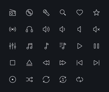 Müzik anahat vektör simgeler. 29 simgeler, 2 piksel kontur ve 48 x 48 çözünürlük
