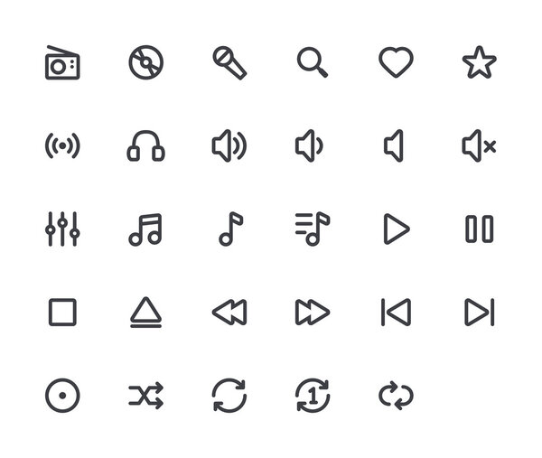 Music outline vector icons. 29 Icons, 4 pixel stroke & 48x48 resolution