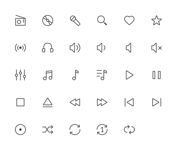 Muziek overzicht vector iconen. 29 pictogrammen, 2 pixel beroerte & 48 x 48 resolutie — Stockvector