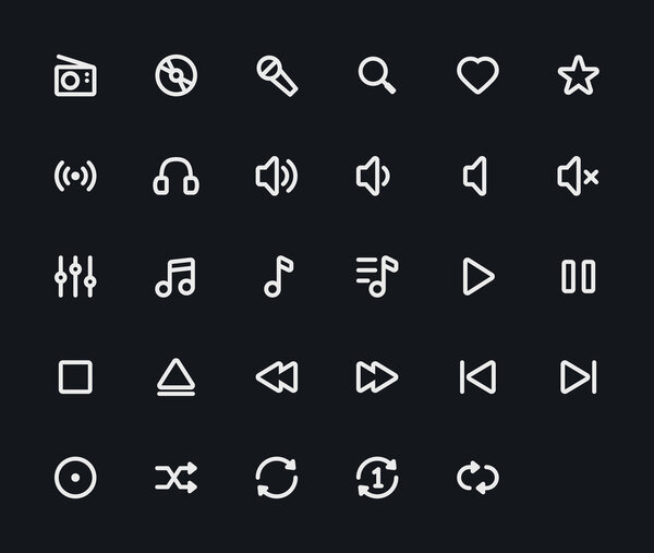 Music outline vector icons. 29 Icons, 4 pixel stroke & 48x48 resolution