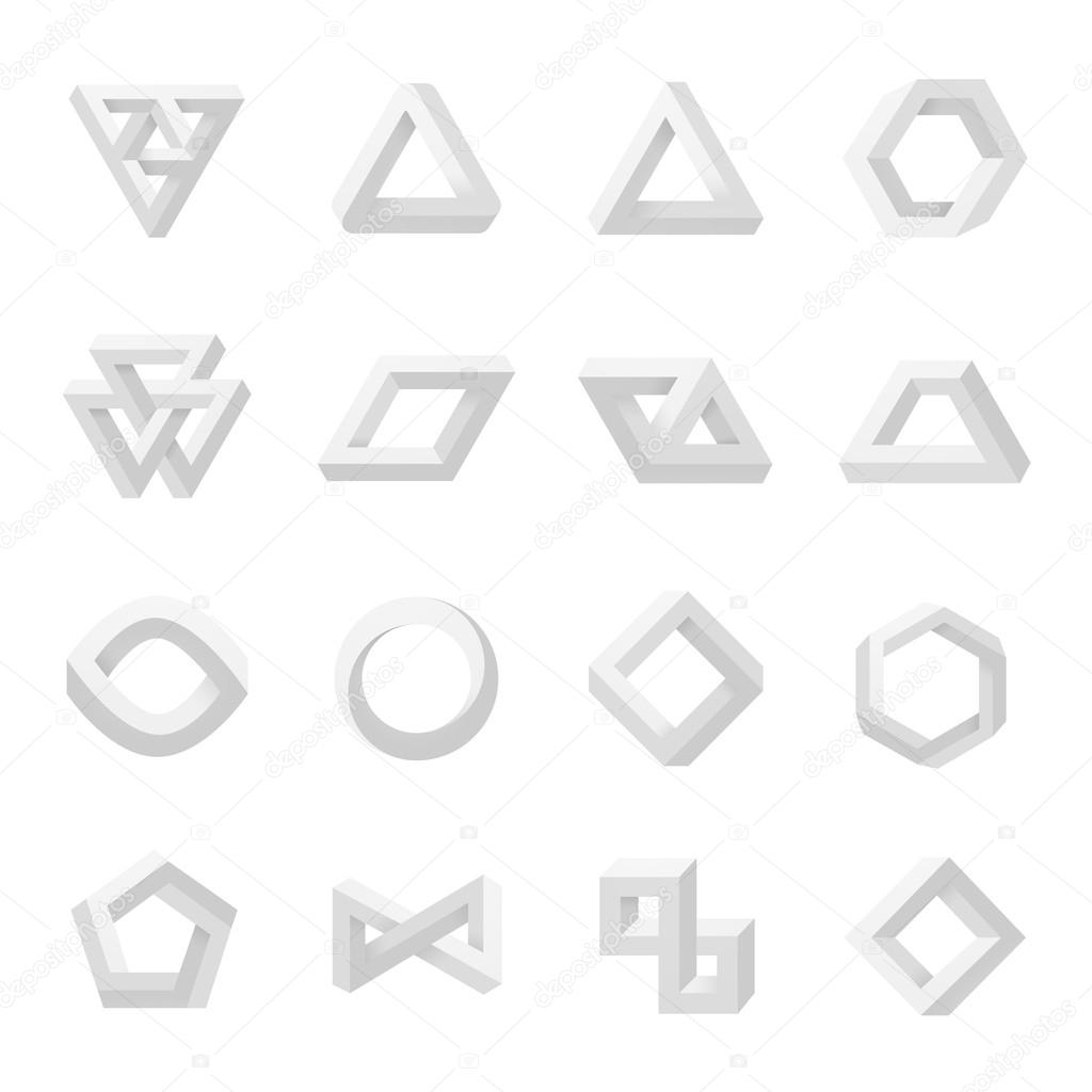 Set of impossible shapes. Optical Illusion. Vector Illustration isolated on white