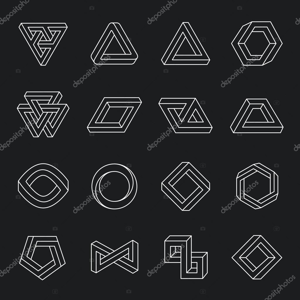 Set of impossible shapes. Optical Illusion. Vector Illustration isolated on white