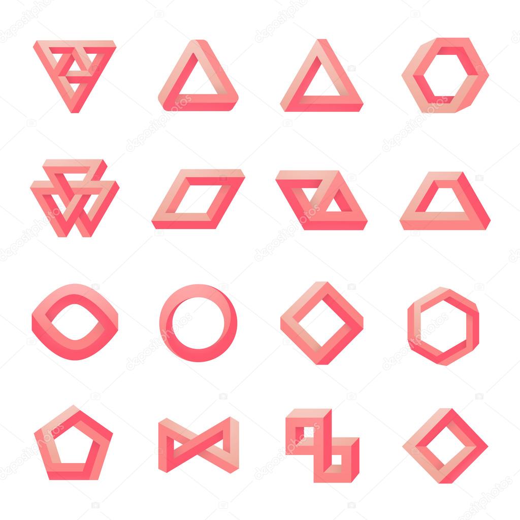 Set of impossible shapes. Optical Illusion. Vector Illustration isolated on white