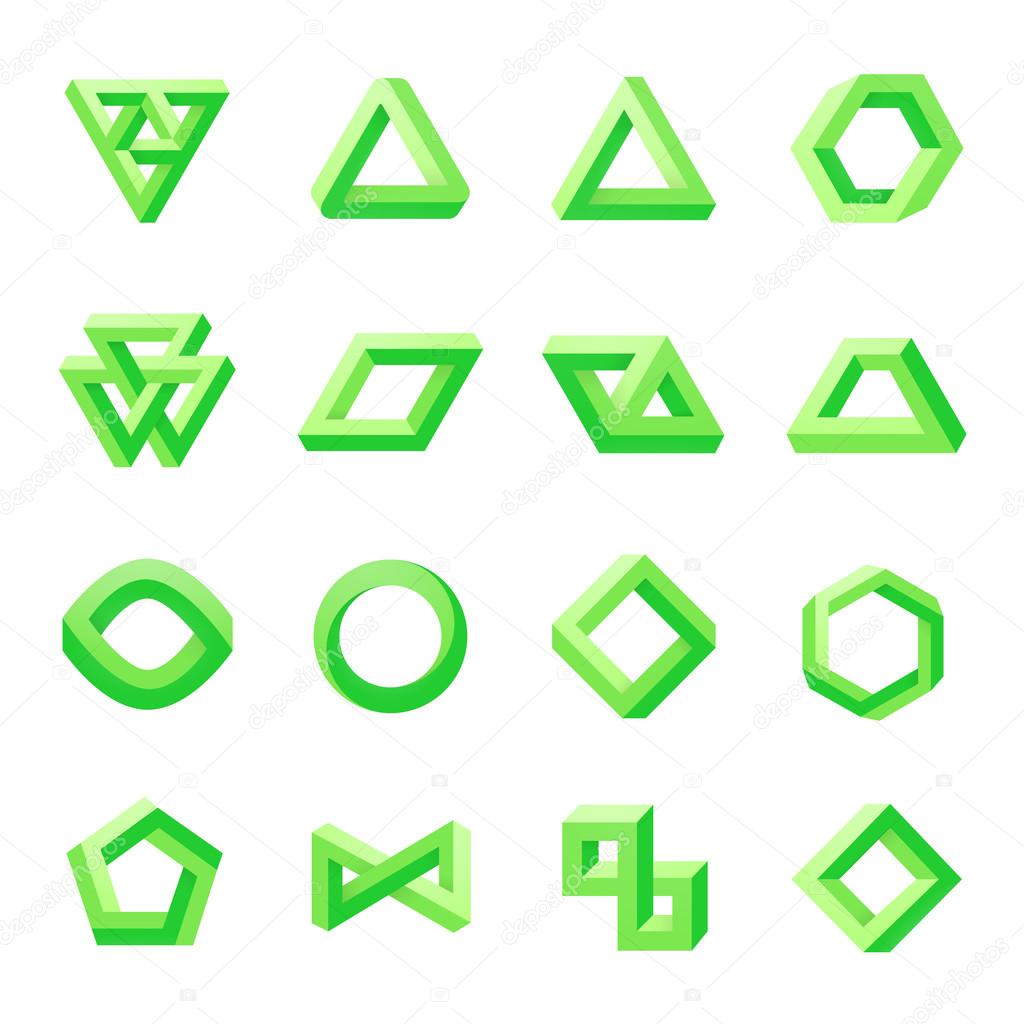 Set of impossible shapes. Optical Illusion. Vector Illustration isolated on white