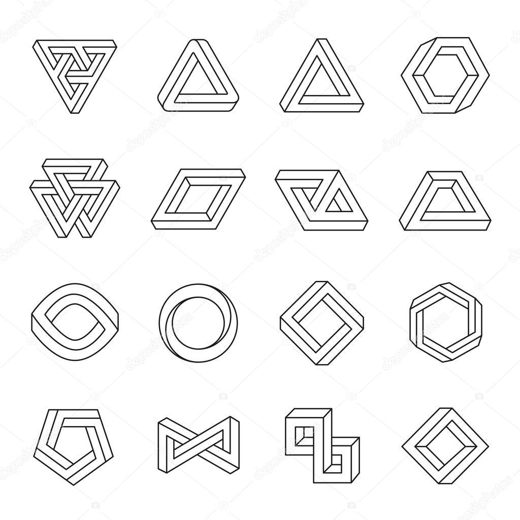 Set of impossible shapes. Optical Illusion. Vector Illustration isolated on white
