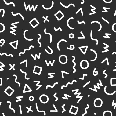 Memphis tarzı kusursuz bir model. Geometrik elementler ve şekillerle soyut vektör illüstrasyonu.