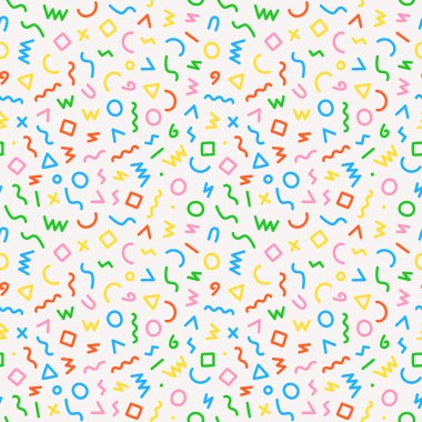 Memphis tarzı kusursuz bir model. Geometrik elementler ve şekillerle soyut vektör illüstrasyonu.