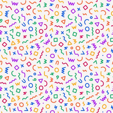 Memphis tarzı kusursuz bir model. Geometrik elementler ve şekillerle soyut vektör illüstrasyonu.