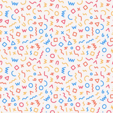 Memphis tarzı kusursuz bir model. Geometrik elementler ve şekillerle soyut vektör illüstrasyonu.