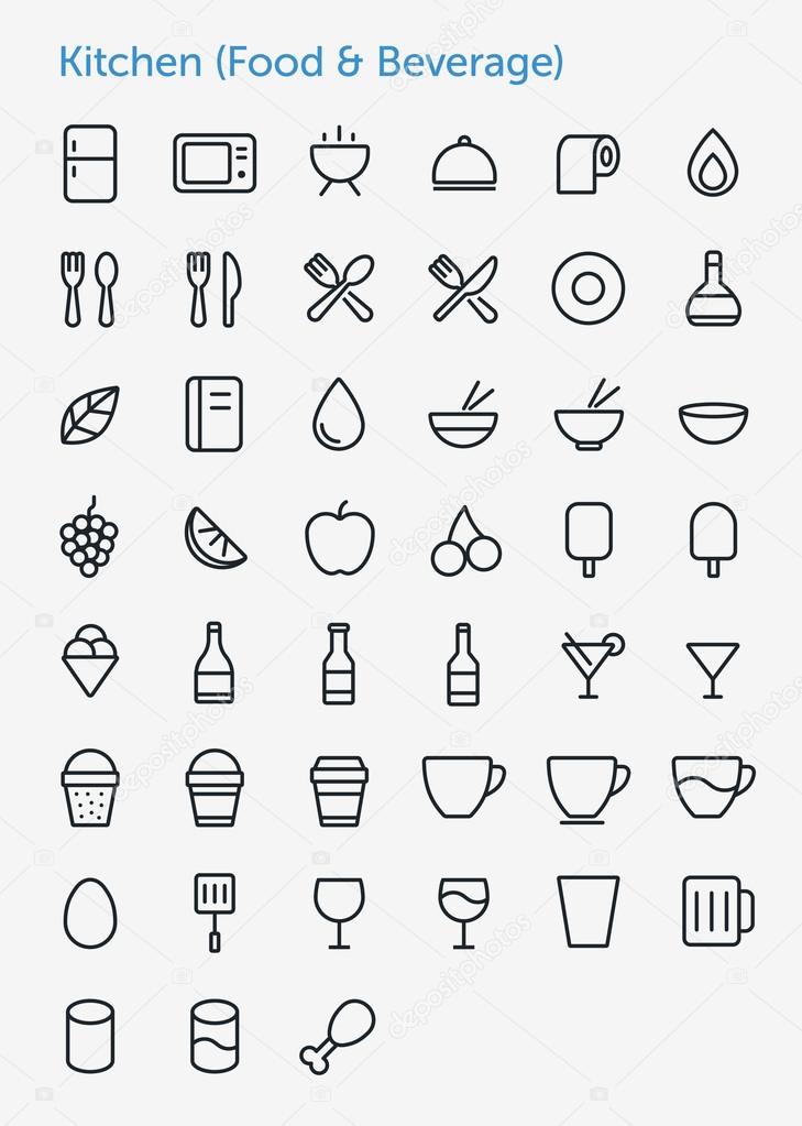 45 Thin Icons Set of Kitchen (Food & Beverage).