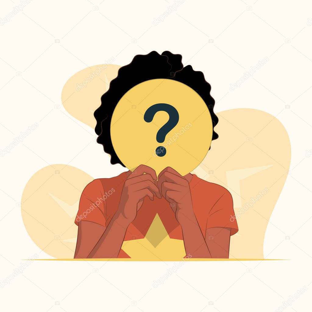Young woman hiding face behind a circle paper with a question mark symbol concept for banner, poster, website, etc.