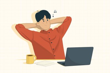 Genç işadamı afiş, poster, web sitesi vs. için ofis kavramında dinleniyor.