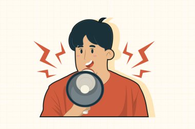 Elinde megafon olan genç bir adam afiş, poster, web sitesi vs. için ön görüş konseptini açıklıyor..