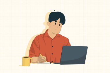 Genç işadamı dizüstü bilgisayar kullanıyor ve pankart, poster, web sitesi vs. için notlar alıyor.