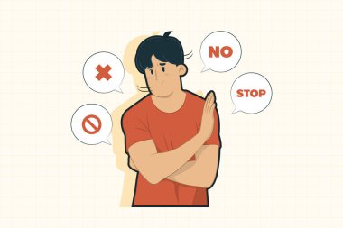 Young man make stop gesture concept for banner, poster, website, etc. clipart