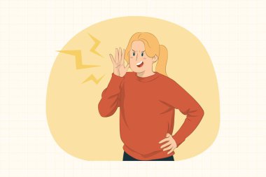 Pankart, poster, web sitesi vs. için el hareketleriyle el hareketleriyle bağıran genç kadın..