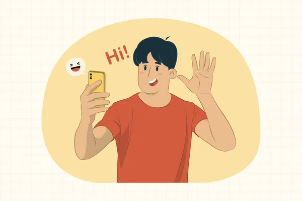 Jonge Mannen Gebruiken Een Facetime Mobiele Telefoon Concept Voor Banner — Stockvector