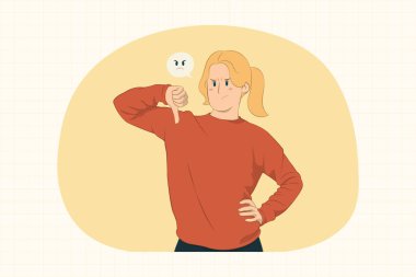 Pankart, poster, web sitesi vs. için başparmak aşağı konsept gösteren genç kadın.