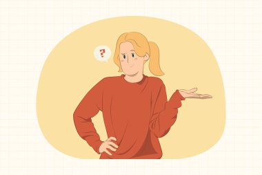 Kafası karışmış genç bir kadın afiş, poster, wesite vs. konseptini bir kenara koyuyor..