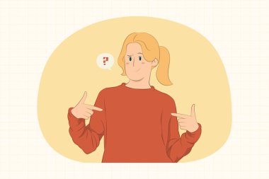 Kafası karışmış genç bir kadın işaret parmağıyla afiş, poster, web sitesi vs. konseptini işaret ediyor..