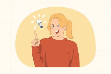 Heyecanlı genç bir kadın elinde işaret parmağıyla afiş, poster, web sitesi vs. için harika bir fikir sunuyor..