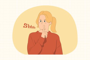 Gizli genç kadın sessiz ol diyor dudaklarında şşşş jest konsepti afiş, poster, web sitesi vs..