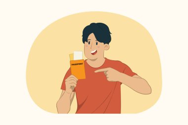 Gezgin genç turist, işaret parmağıyla pasaport biletleri kavramını işaret ediyor.