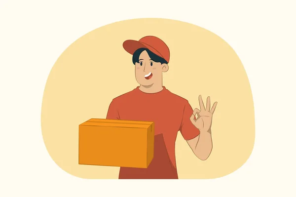 Παράδοση Νεαρός Άνδρας Κρατήστε Κουτί Από Χαρτόνι Κάνει Εντάξει Χειρονομία — Διανυσματικό Αρχείο