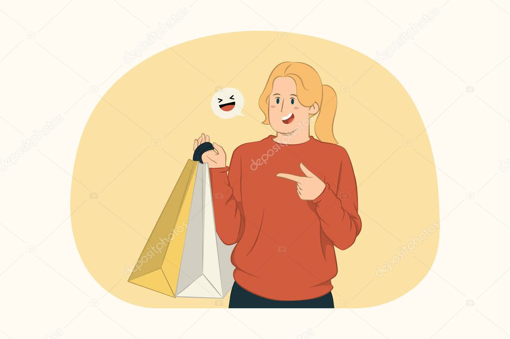 Young woman pointing indx finger on package bag concept