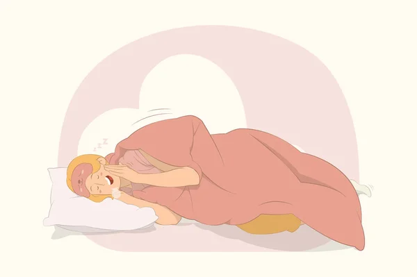 Joven Durmiendo Chica Acostada Yace Envoltura Cubierta Bajo Manta Edredón — Vector de stock