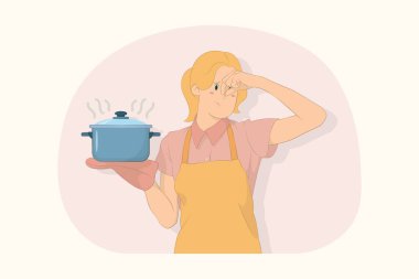 Tiksinmiş genç aşçı fırıncı kadın çorbayı paslanmaz tencere ovuşturma elini burun konseptine koy