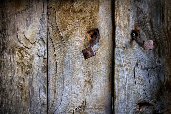 Yıpranmış Ahşap Kapıya Iki Paslı Çivinin Seçici Odak Noktası — Stok fotoğraf