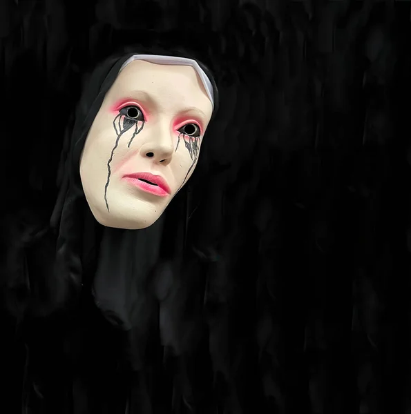 Terrifying Mask Pale Nun Black Tears Black Background Halloween Costume — Stock Photo, Image