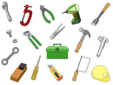 Tools Illustration Mengene Wrench Keski Uçak Çekiç Nogisu Elektrikli Matkap İplik Testeresi Kesici Araç Kutusu, vs.