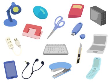 Icon set, scissors, keyboard, PC, smartphone, stapler, cutter, mobile phone, USB, etc clipart