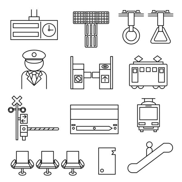 Line Art Station Personeel Trein Ticket Poorten Banken Spoorwegovergangen Braille — Stockvector