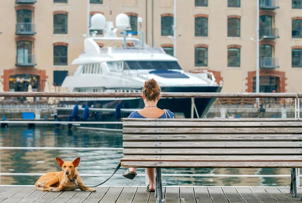 Dam med en hund på en bänk. — Stockfoto