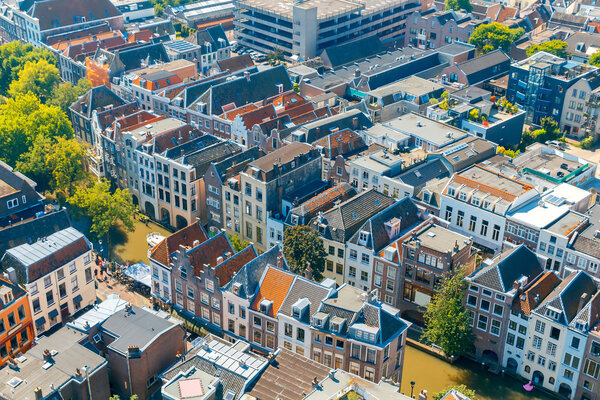 Aerial view from the observation deck Dom Tower of the historic part of the city. Utrecht. Netherlands.