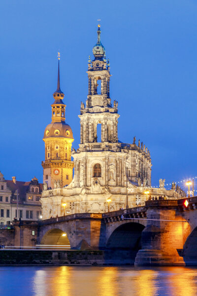 Dresden. The building of the Hofkirche at night.