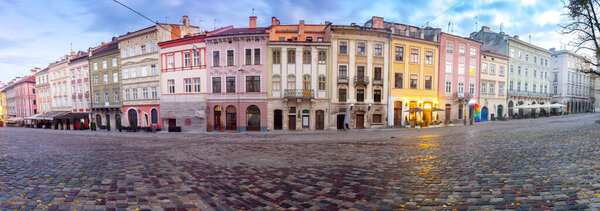 Panorama of the town hall square in the old town at sunrise. Lviv. Ukraine.